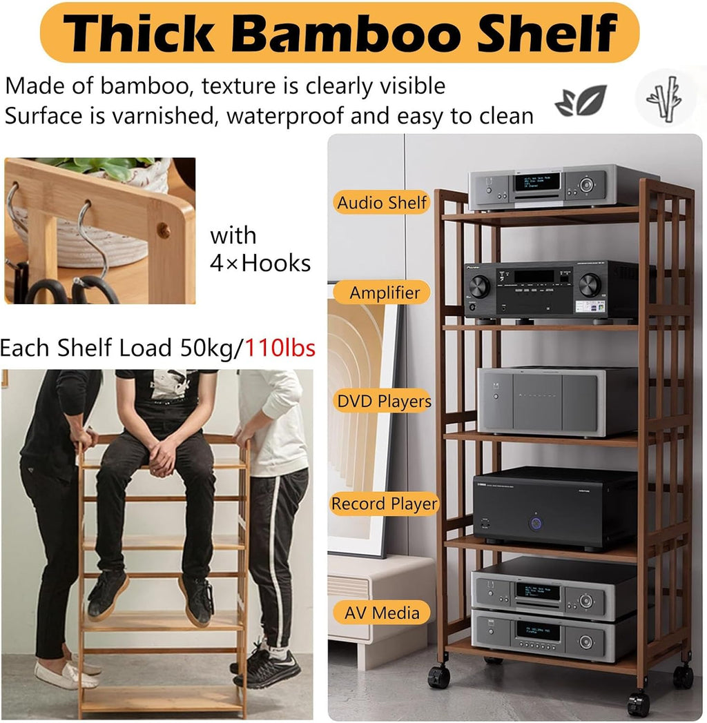 19 Inch Audio Rack Wood, 2 Tier Rolling Stereo Stand Cabinet with Height Adjustable Shelf, Heavy Duty AV Media Holder for Storage DVD Players/Game Console/TV Box(Natural,W 50 cm(19 5/7 in))