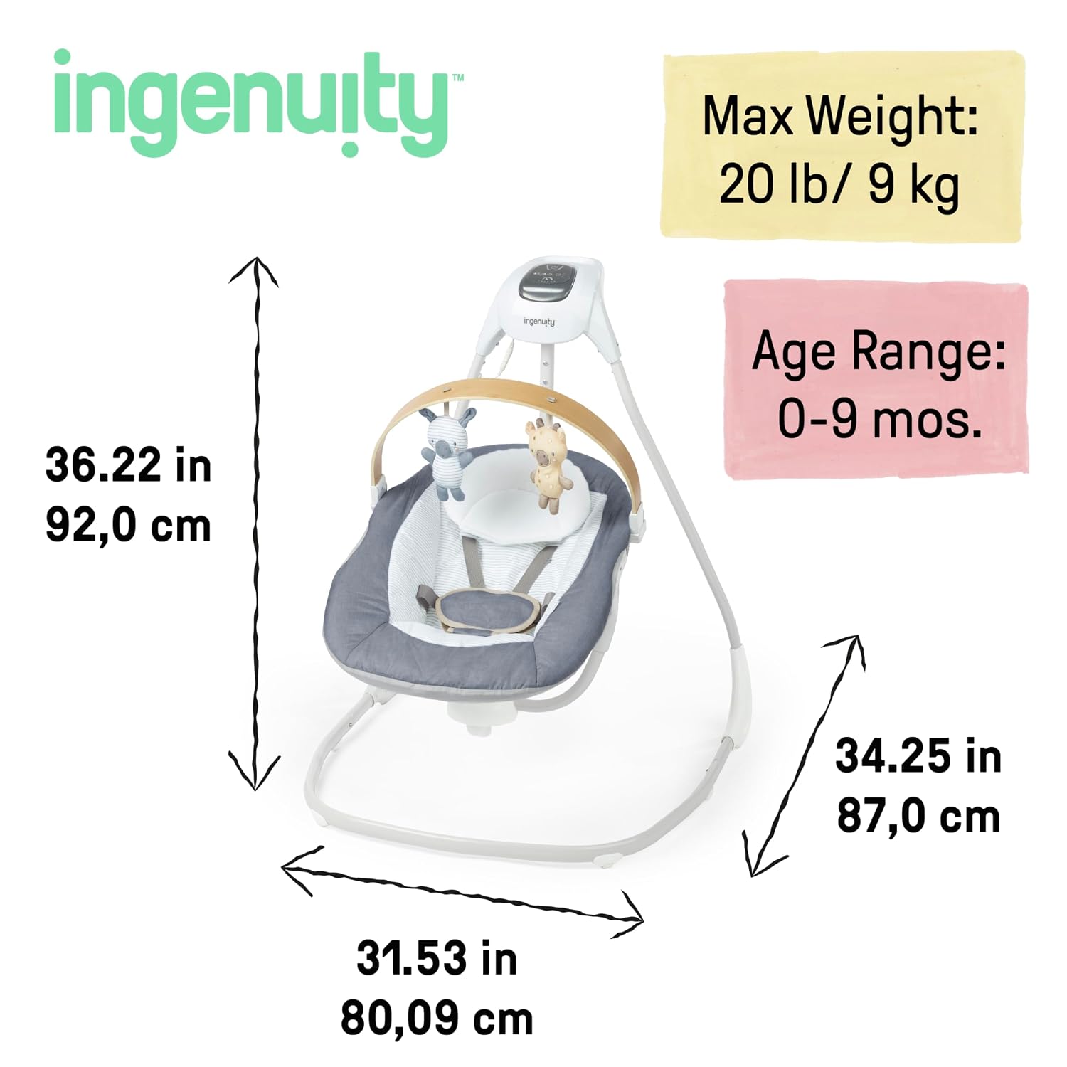 Ingenuity SimpleComfort Compact Baby Swing, Rotating Seat Swings in 3 Directions, 6 Speeds, 8 Melodies & 3 Nature Sounds, Ages 0-9 Months, Up to 20 Pounds - Chambray