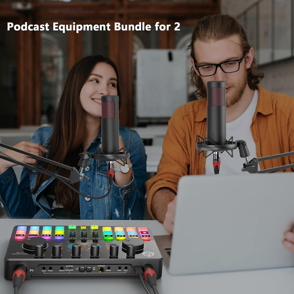 Podcast Equipment Bundle for 2, Audio Interface DJ Mixer with 48V XLR Condenser Microphone, RGB,Voice Change, for Streaming, Podcast Recording,Tiktok,PC, Smartphone COMMANDER M100 3rd