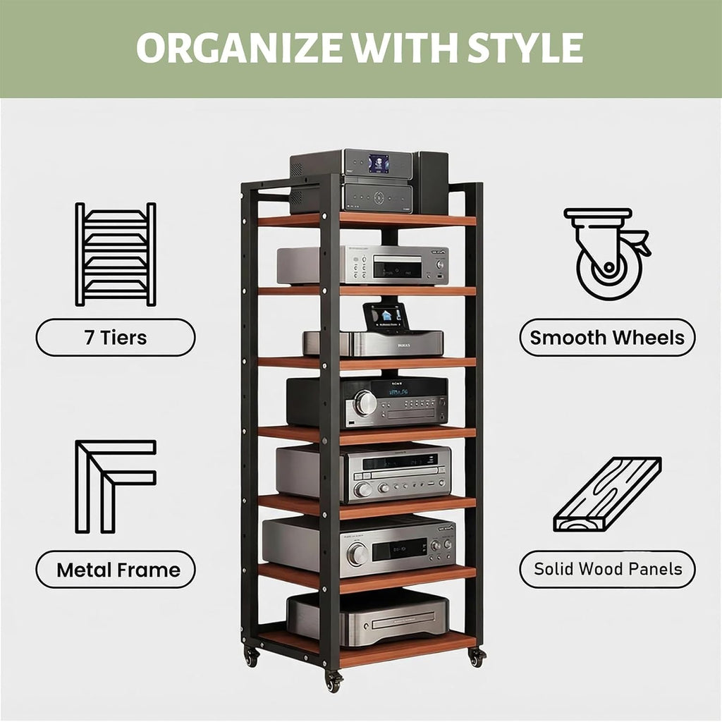 7-Tier Av Media Stand, Audio Rack with Adjustable Shelves, Stereo Racks and Stands with Wheels, Stereo Rack for Home, Office, Theater(C)