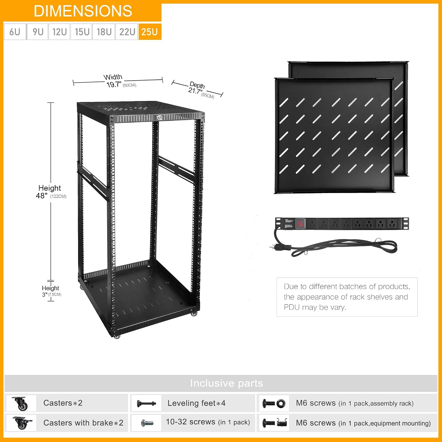 RIVECO 25U Network Rack with Reinforced Top Cover - 4 Post Floor Rack on Wheels for 19' Equipment & Stereo Gear- Including Mount Power Strip & 2PCS 1U Shelves
