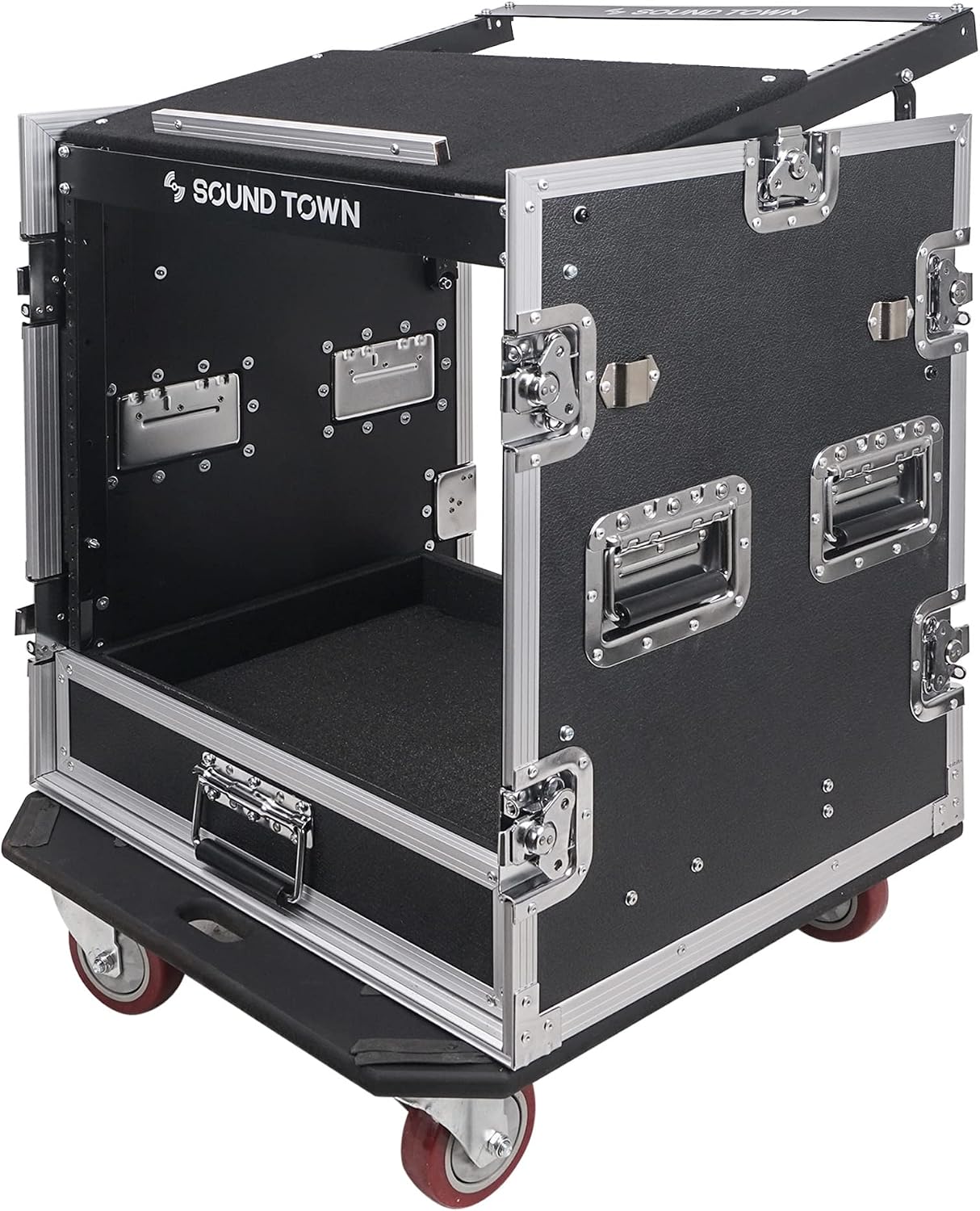 Sound Town 12U PA DJ Pro Audio Rack/Road ATA Case with 2U Drawer, 11U Slant Mixer Top, DJ Work Table, Casters, Pro Tour Grade (MR-DR12UT)
