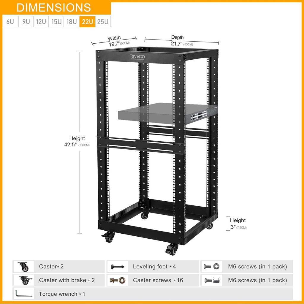 RIVECO 22U Open Frame Server Rack with Wheels- Heavy Duty 4 Post Quick Assembly 19-inch, Stereo Rack Rolling Network Shelf Black