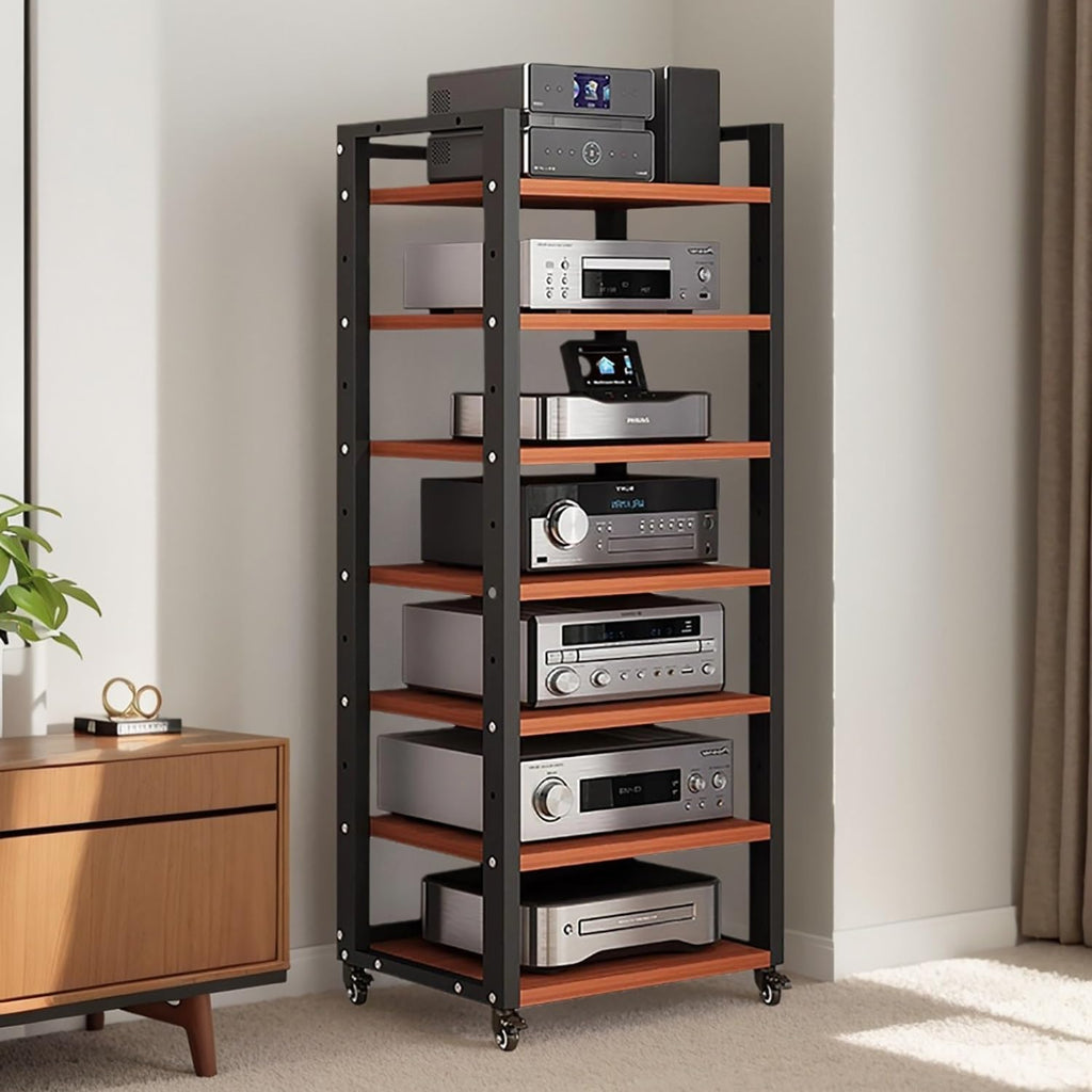 7-tier Av Media Stand, Audio Rack With Adjustable Shelves, Stereo Racks And Stands With Wheels, Stereo Rack For Home, Office, Theater(A)