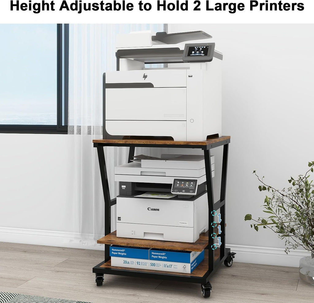 Natwind 3-Tier Large Printer Stand,23.6'x23.6'x29.5' Heavy-Duty Printer Table Cart with Paper Storage Shelf & Wheels,Ideal for Home Office Laser Printers, Copiers (Retro)