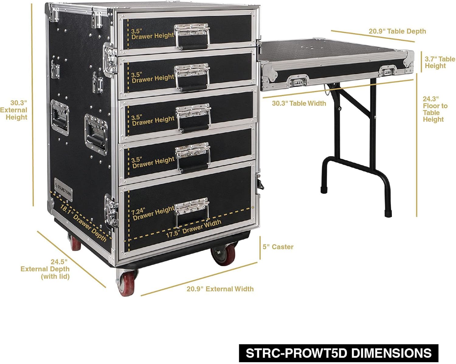 Sound Town Enhanced Thickness 1/2' (12mm) Plywood Road Case with 5-Drawer and Table for Customizable Stage and Studio Utility Equipment Storage, Pro Tour Grade (STRC-PROWT5D)