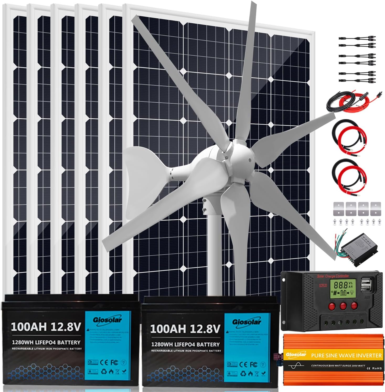 1120W 24V Solar Wind Power Kit Home Off-Grid System for Charging Battery：2X 100AH Lithium Battery + 400W Wind Turbine Generator + 6X 120W Mono Solar Panel+ Charge Controller + 3000W Inverter