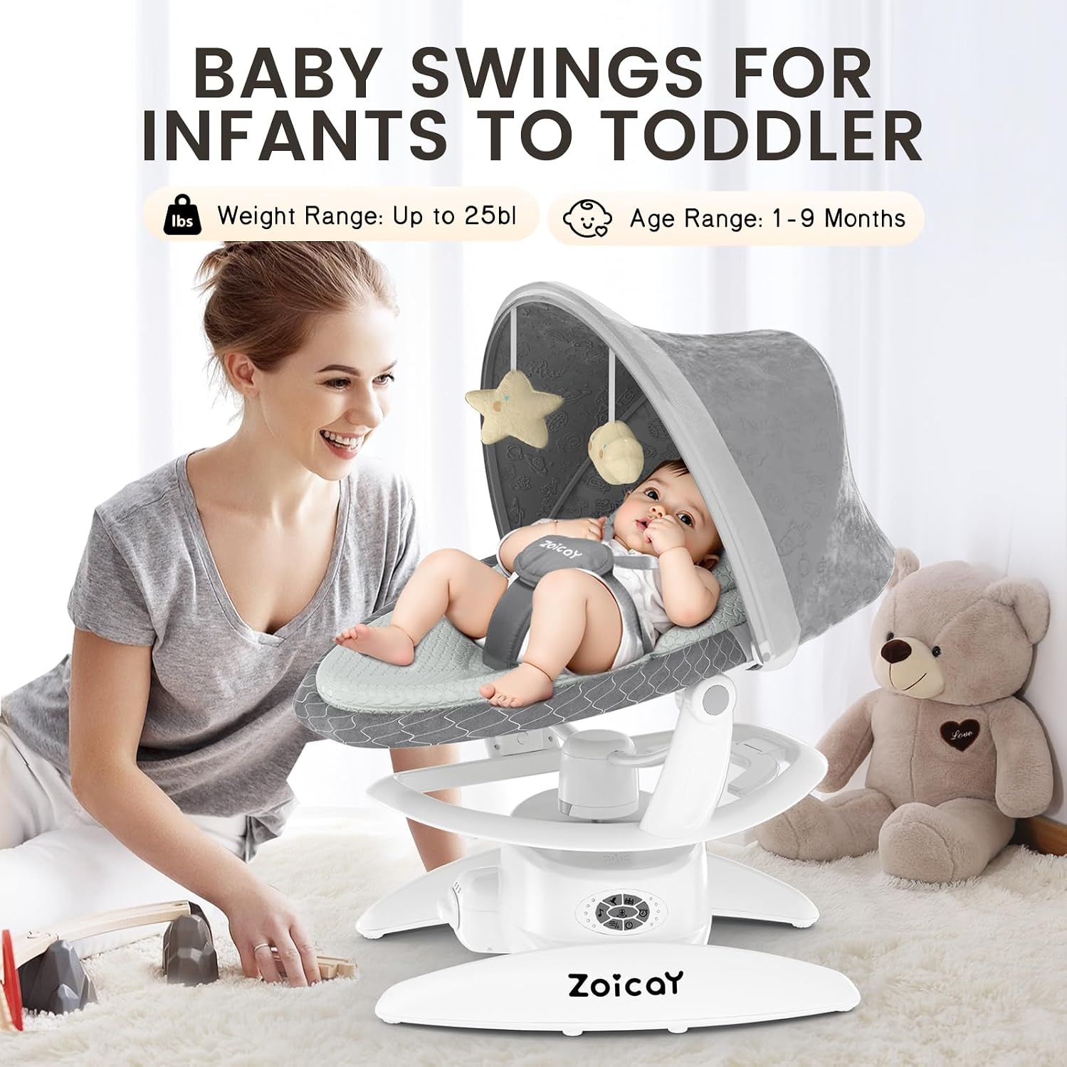 3-in-1 Baby Swing for Infants, Infant Swing with 5 Speeds & 3 Swing Modes, 12 Melodies, Electric Swing for Baby, Indoor & Outdoor Use, Up to 25 lbs, Gray