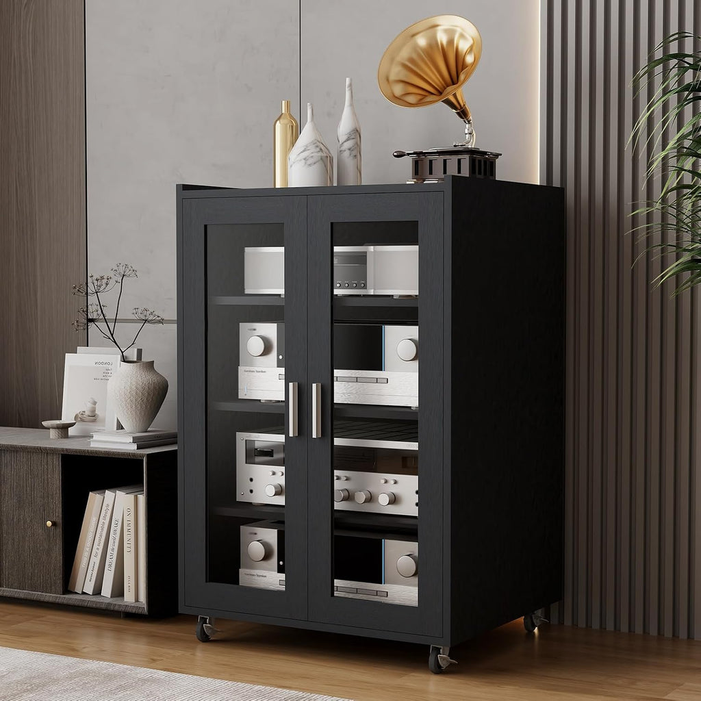 ELECWISH Media Storage Cabinet, Audio-Video Media Stand,Stereo Cabinet with 4 Height-Adjustable Shelves, AV Rack with Glass Doors for Meeting, Living, Recording Room