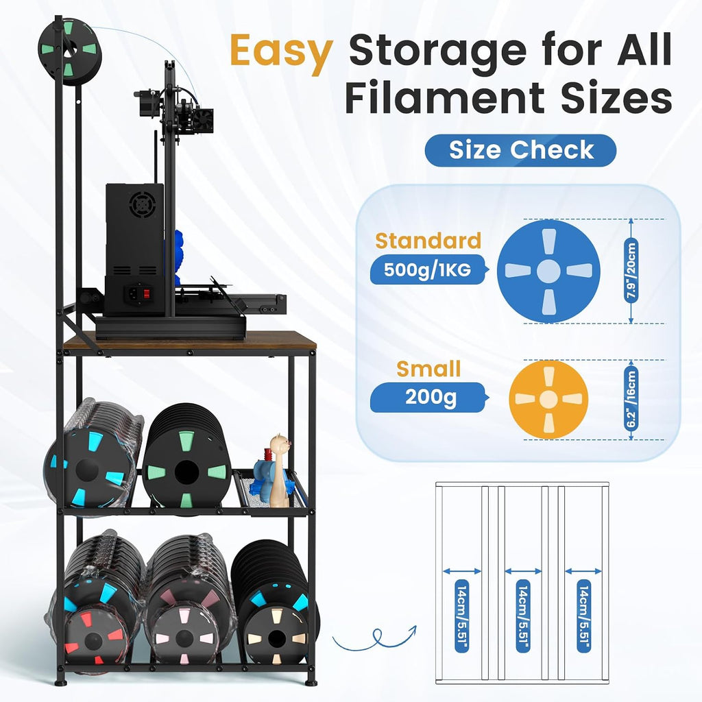 3D Printer Stand with Filaments Storage, 29.13'L x 22.44'W 3D Printer Table Filament Organizer Spools Holder Racks with Removable Basket, Hold Spool PLA, ABS, PETG for Workshop Studio Office (Brown)