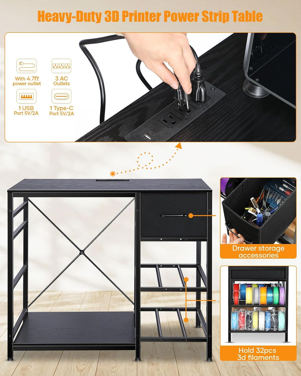 3D Printer Stand with Filaments Storage - 3D Printer Table Filament Storage Rack Heavy Duty 3D Print Desk with Drawer for Workshop Studio Office