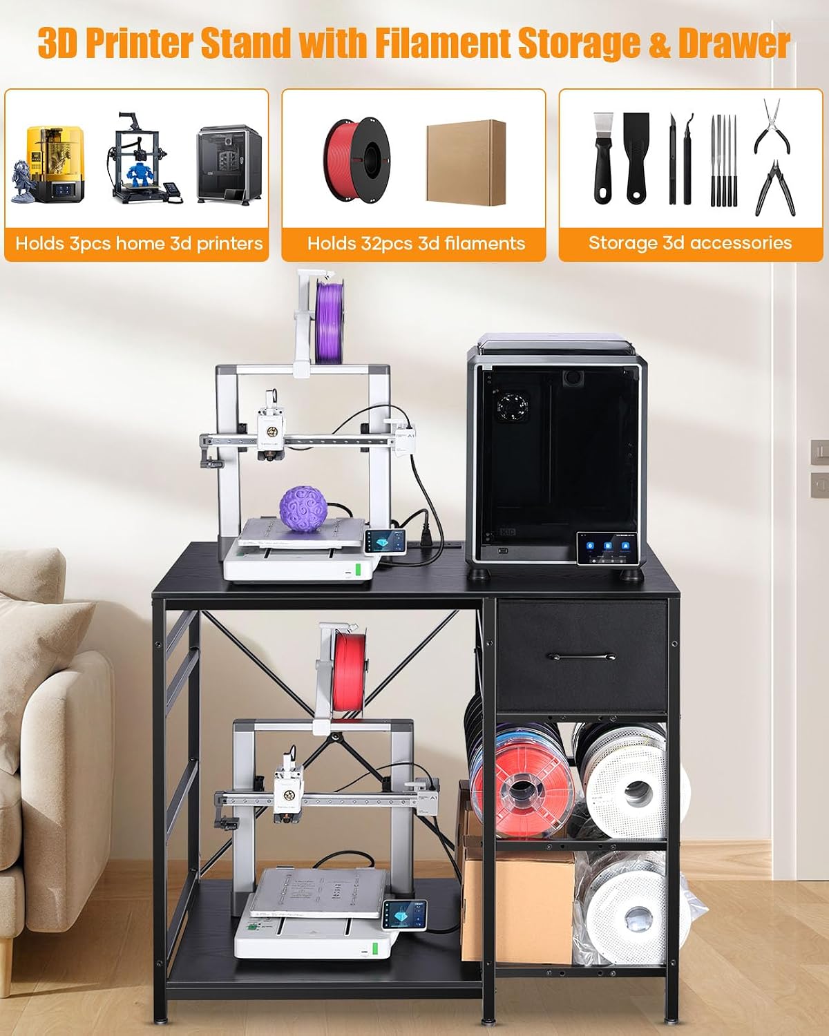 3D Printer Stand with Filaments Storage - 3D Printer Table Filament Storage Rack Heavy Duty 3D Print Desk with Drawer for Workshop Studio Office