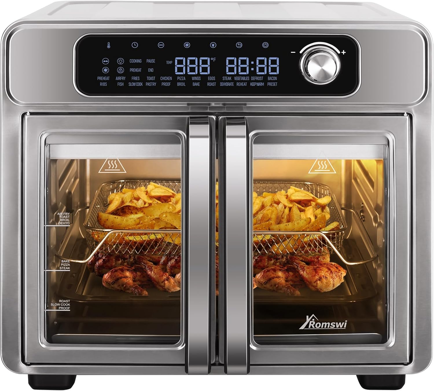 Romswi 26QT French Door Air Fryer Toaster Oven Combo, 24 Cooking Functions and Digital Controls, Fits 12' Pizza, 6 Slices of Toast, Rotisserie 6lb Chicken, 6 Accessories Included