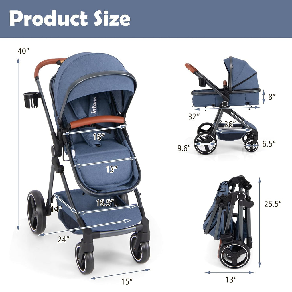 INFANS 2 in 1 Baby Stroller, Newborn Convertible Stroller Bassinet for Infant, Foldable High Landscape Shock Absorption with Reversible Seat, Aluminum Structure for Toddler Pushchair 0-36 Month