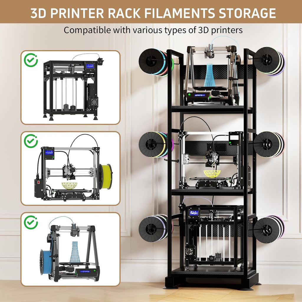 3DPrinter Stand with Filament Storage,3D Printer Rack with Power Outlet,Heavy-Duty 3D Print Storage Shelf for ABS/PLA/TPU Filament Spools,Perfect for 3D Printing Workshops,Carbon Fiber Black