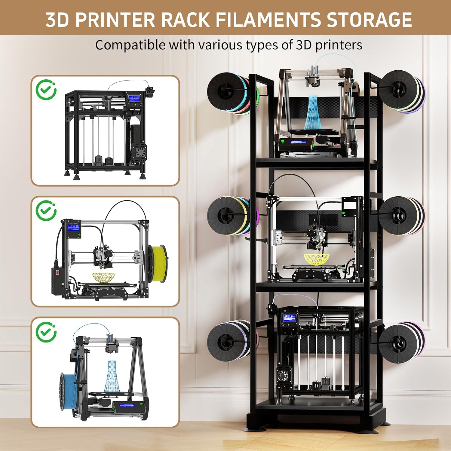 3DPrinter Stand with Filament Storage,3D Printer Rack with Power Outlet,Heavy-Duty 3D Print Storage Shelf for ABS/PLA/TPU Filament Spools,Perfect for 3D Printing Workshops,Carbon Fiber Black