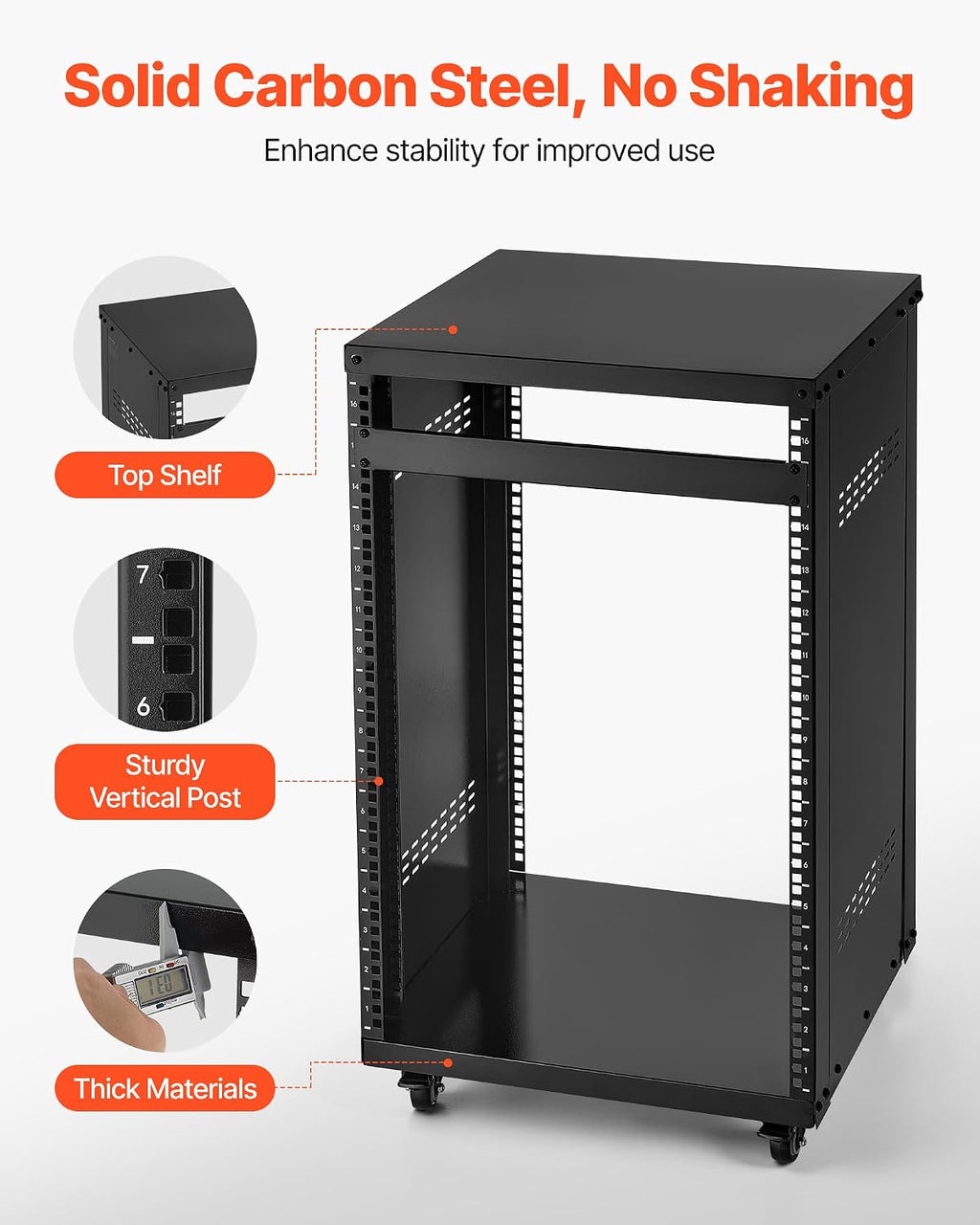 VEVOR 16U AV Rack, Recording Studio Rack Cabinet, Open Frame Server Rack with Locking Caster Wheels, Removable Side Panels & Vent Design for 19' Network, Audio, Video, IT & Network Equipment Mounting