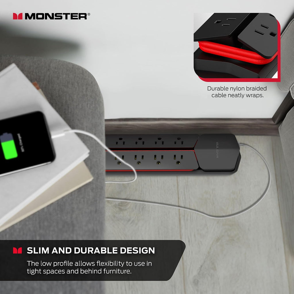 Monster Power Center Vertex XL Surge Protector With Detachable Power Strip, 10 AC Outlets, 2 USB-A Ports & 1 USB-C Port (20W)