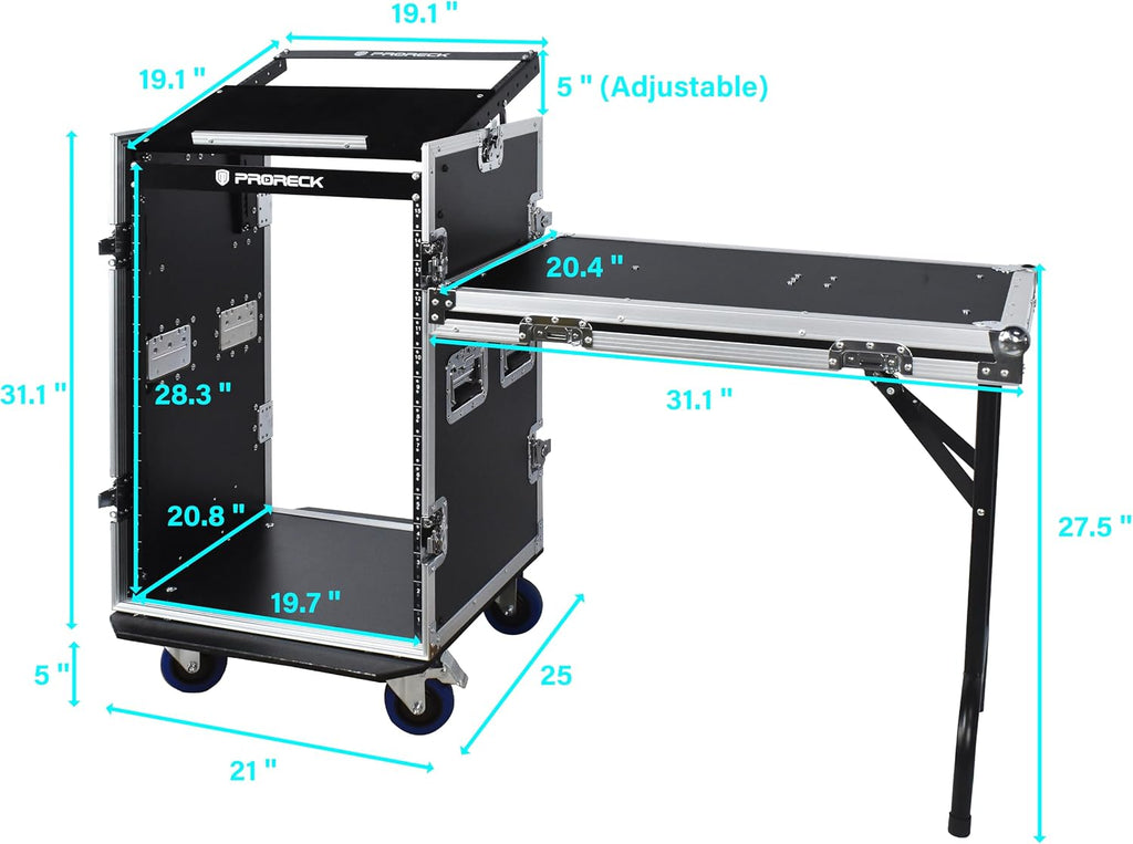 PRORECK 16U Rack/Road Case with Slant Mixer Top, One Side Table and Casters, 20'' Rackable Depth, Plywood, 16U Installation Size, Pro Stage Performance