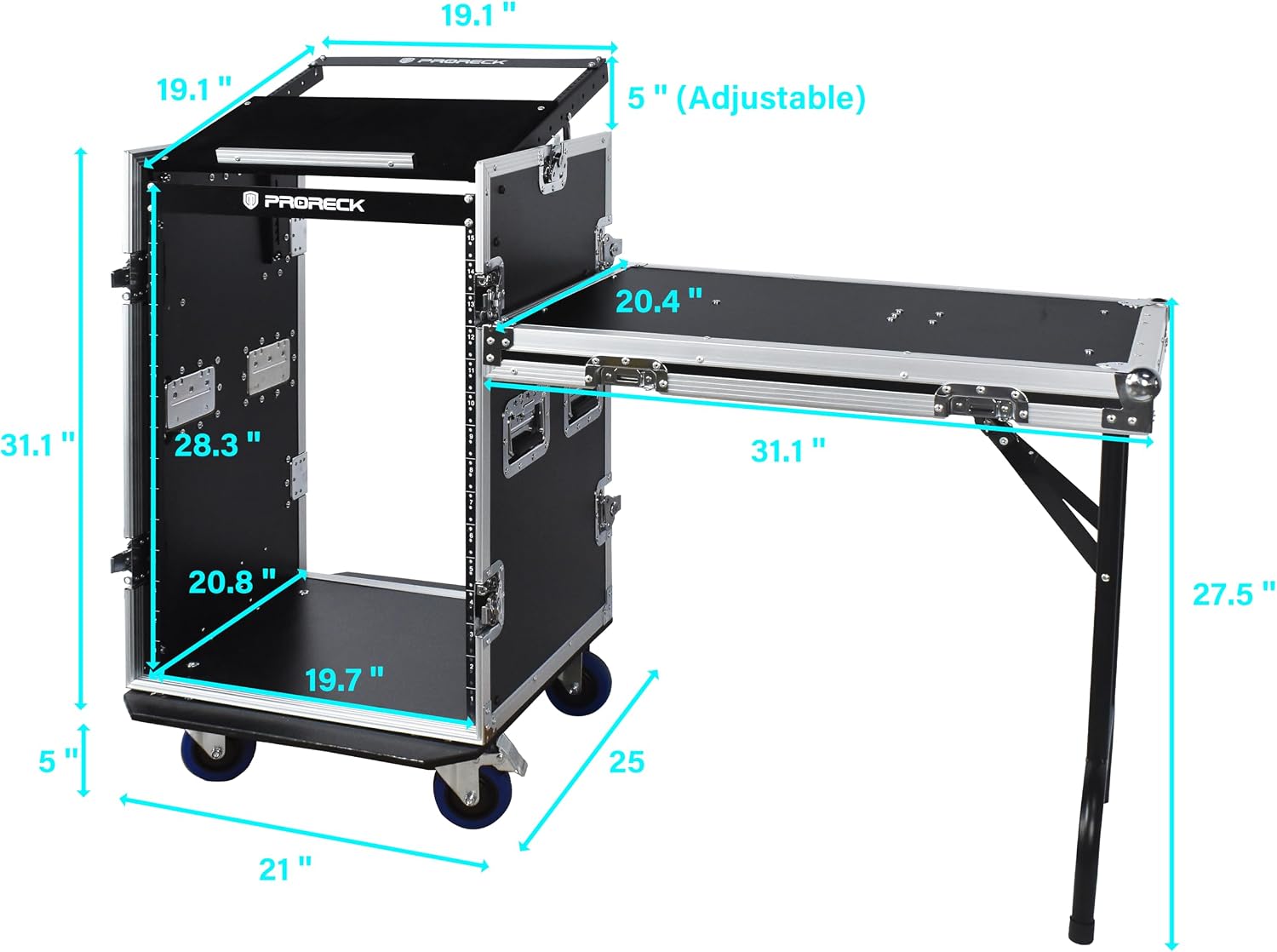 PRORECK 16U Rack/Road Case with Slant Mixer Top, One Side Table and Casters, 20'' Rackable Depth, Plywood, 16U Installation Size, Pro Stage Performance