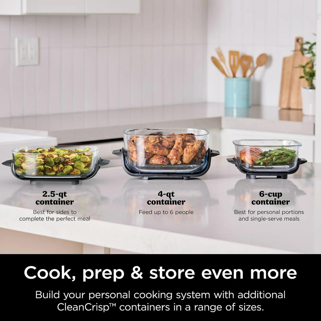 Ninja FN100RD Crispi Air Fryer, Microwave, Freezer & Dishwasher Safe, Non Toxic Glass Portable Cooking System, 4 QT & 5 Cup Glass Containers with Storage Lids, Easy Meals, Cherry (Renewed)