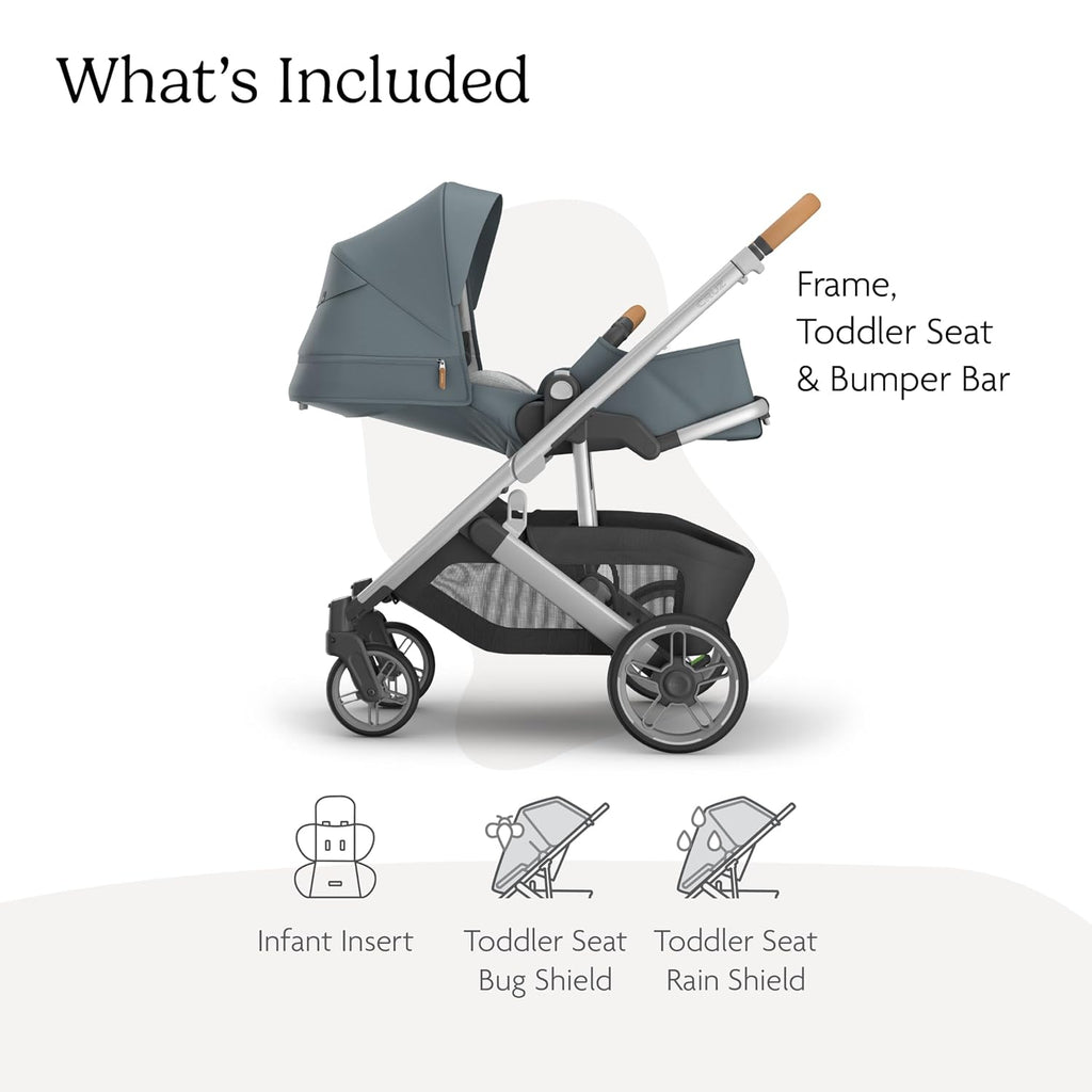 UPPAbaby Cruz V3 Stroller - from Birth + Car Seat Compatible - Full-Size, Reversible Seat - Infant Insert, Bug and Rain Shields Included - Callum (Stone Blue/Silver Frame/Sand Leather)