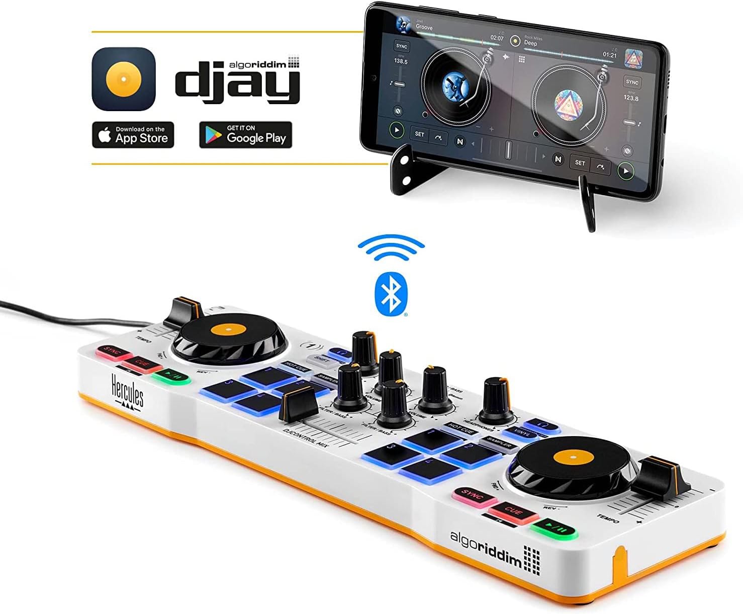 Hercules DJControl Mix – Bluetooth Wireless DJ Controller for Smartphones (iOS and Android) – dJay app – 2 Decks, White