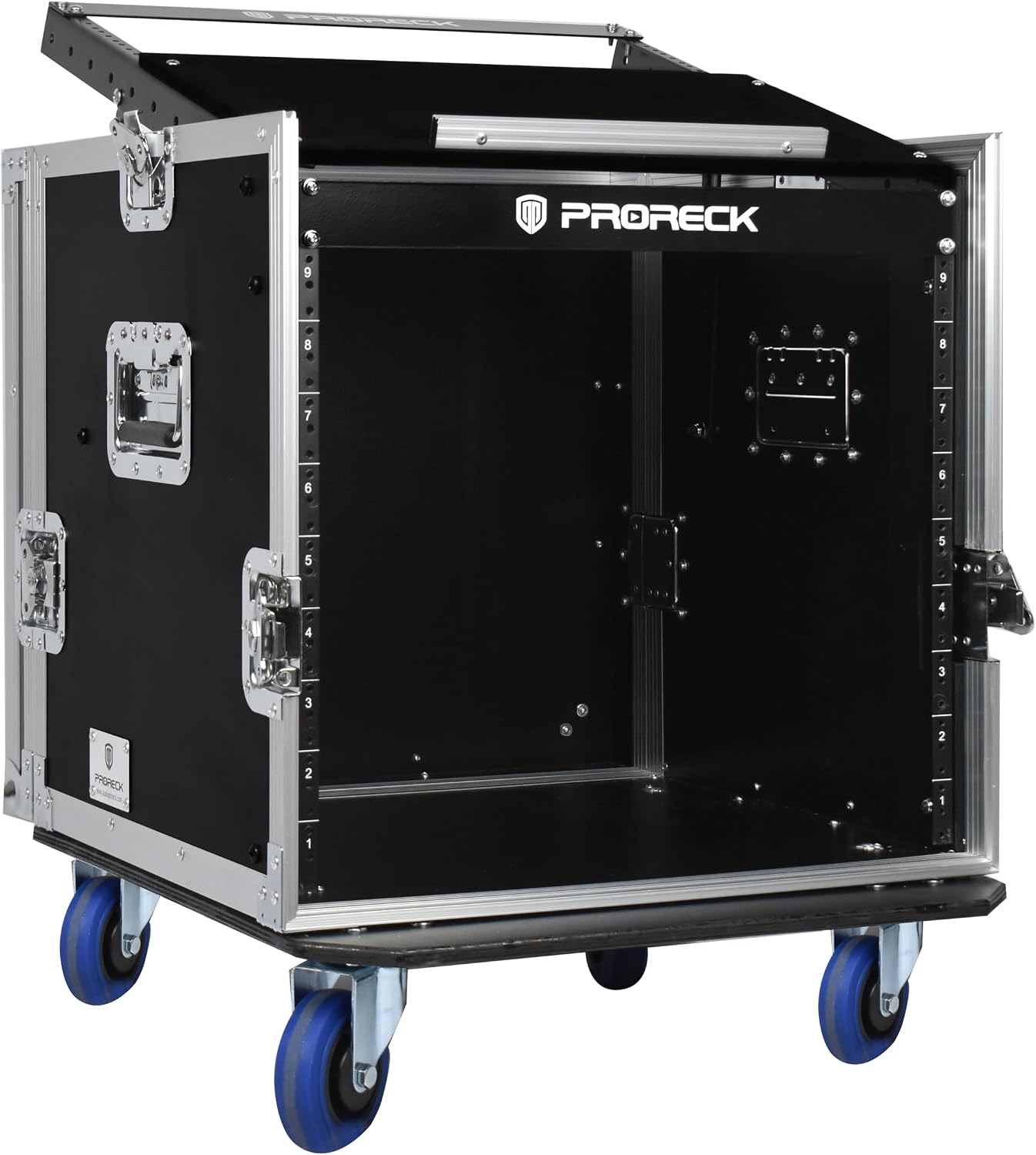 PRORECK 10U Rack/Road Case With Slant Mixer Top, And Casters, 20'' Rackable Depth, Plywood, 10U Installation Size, Pro Stage Performance.