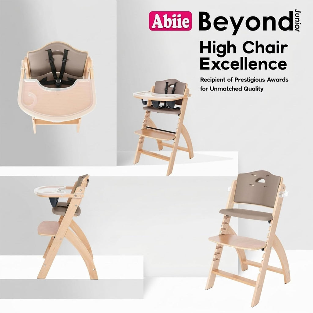 Abiie Beyond Junior Wooden High Chair for Babies and Toddlers - Convertible 3-in-1 Baby Highchair with Removable Tray - 6 Months to 250 Lb - Water Resistant - Natural Wood with Soft Mocha Cushion