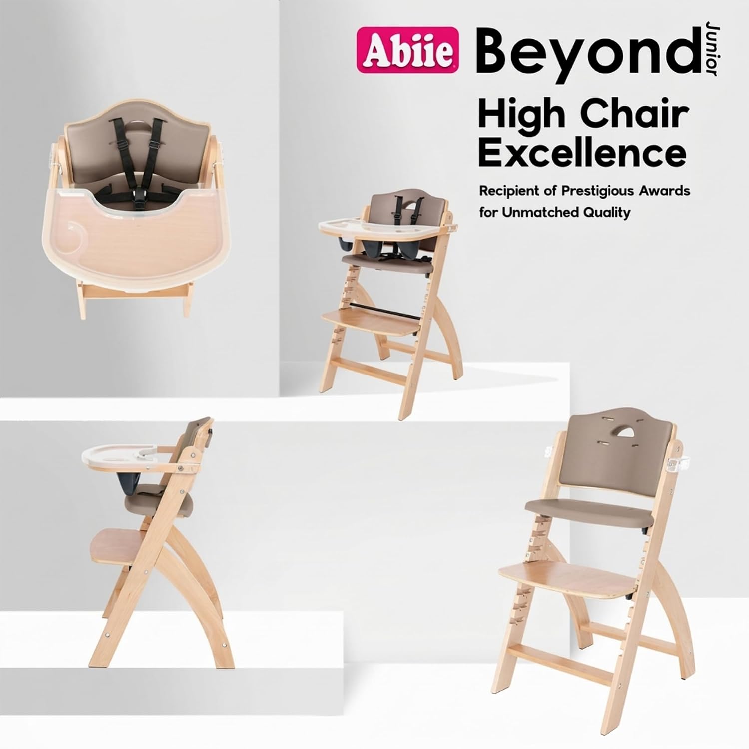 Abiie Beyond Junior Wooden High Chair for Babies and Toddlers - Convertible 3-in-1 Baby Highchair with Removable Tray - 6 Months to 250 Lb - Water Resistant - Natural Wood with Soft Mocha Cushion