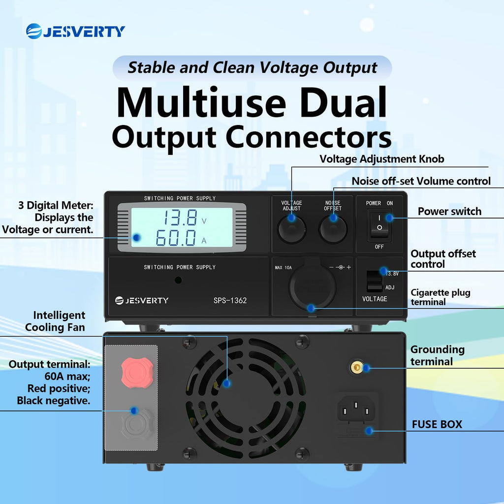 Universal Compact Bench Power Supply- 60 Amp Regulated Home Lab Benchtop AC-to-DC Converter 13.8Volt/9-15Volt, Cooling Fan, Screw Type Terminals - Jesverty SPS-1362