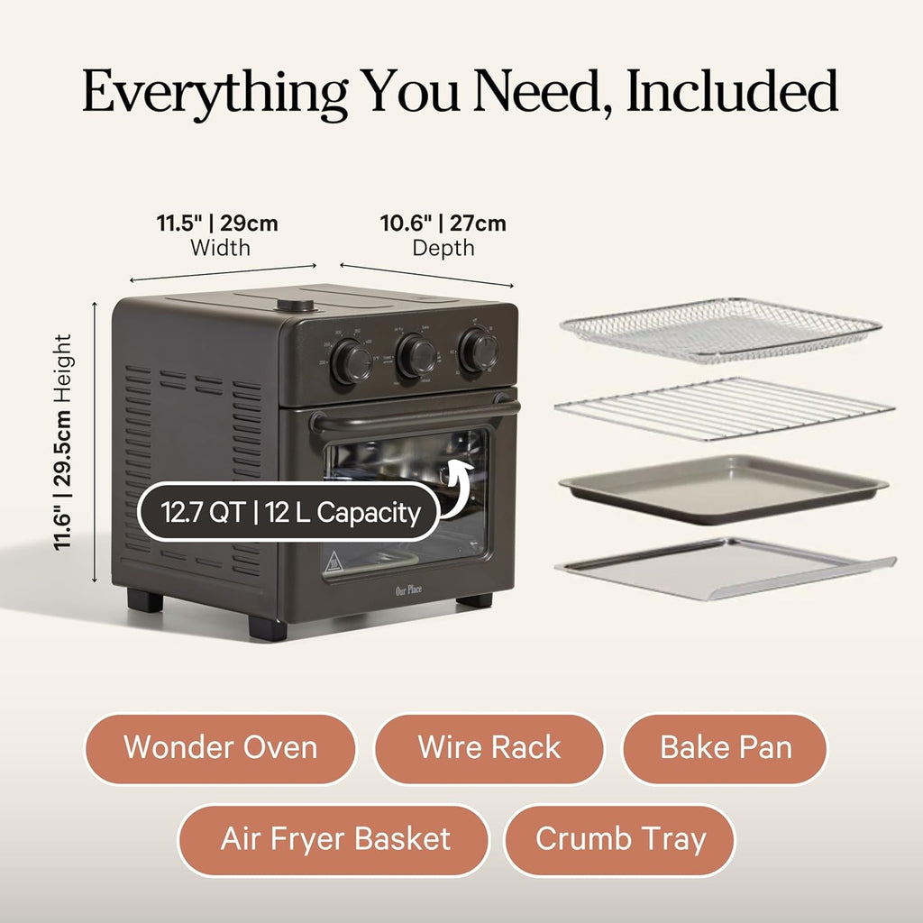 Our Place Wonder Oven | 6-in-1 Stainless Steel Air Fryer Toaster Oven Combo with Basket, Rack, Pan & Tray | Compact 13 QT Countertop Capacity - Toast, Roast, Bake, Reheat, Broil & Steam | Char