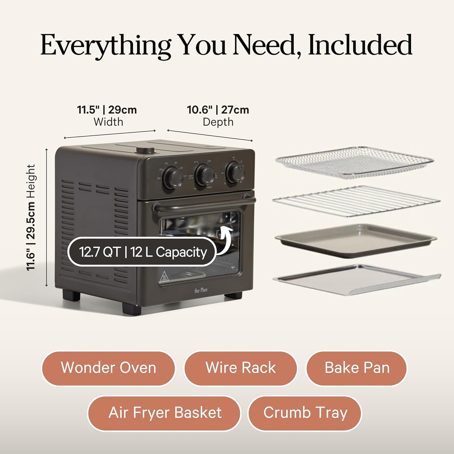 Our Place Wonder Oven | 6-in-1 Stainless Steel Air Fryer Toaster Oven Combo with Basket, Rack, Pan & Tray | Compact 13 QT Countertop Capacity - Toast, Roast, Bake, Reheat, Broil & Steam | Char