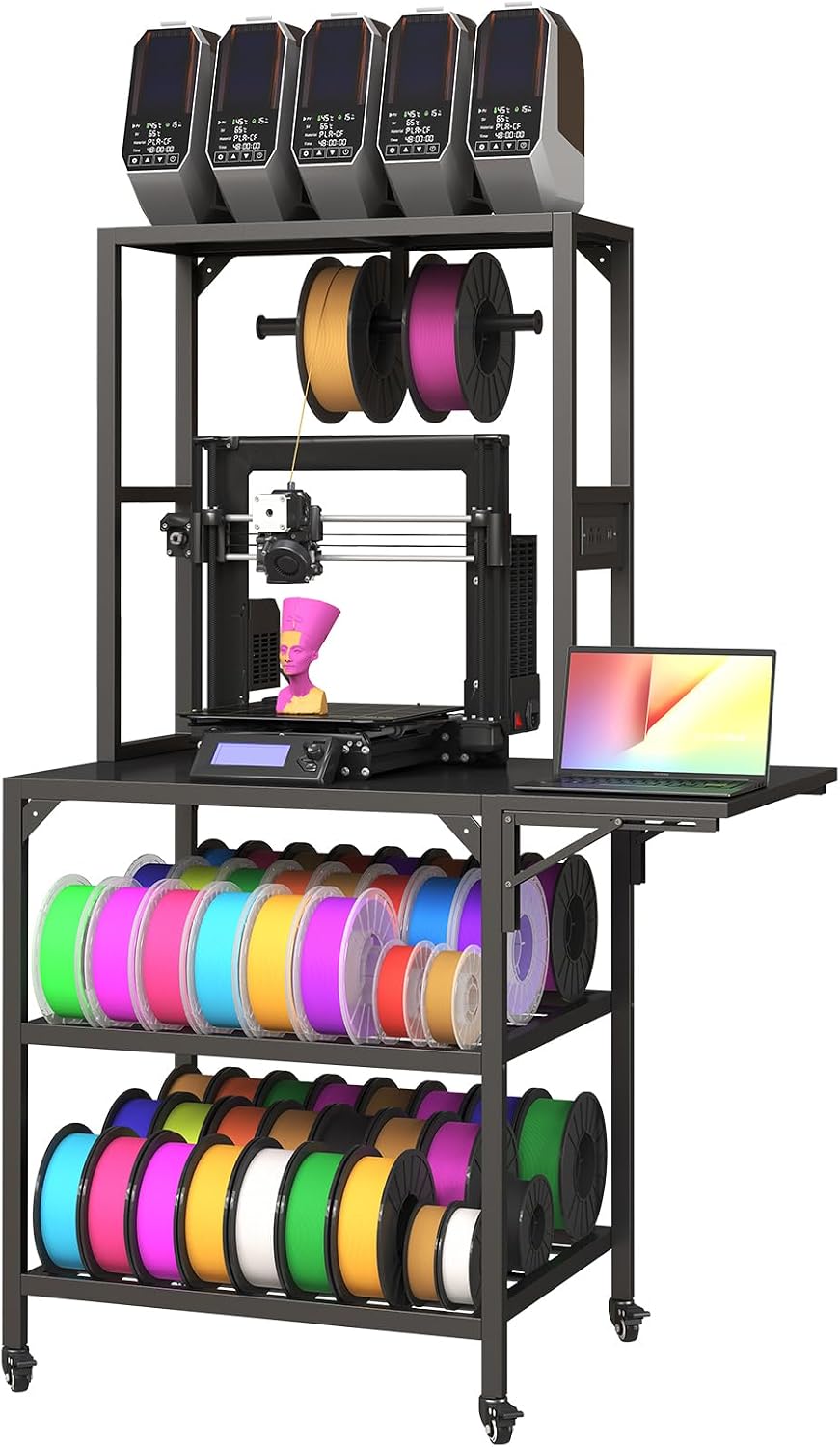 3D Printer Stand - Heavy Duty 3D Printer Table with Filament Storage Rack | Rolling 3D Printer Shelf with Auxiliary Panel | T-Shaped Spools Holder Rack 3D Printer Cart for Home Office Garage Workshop