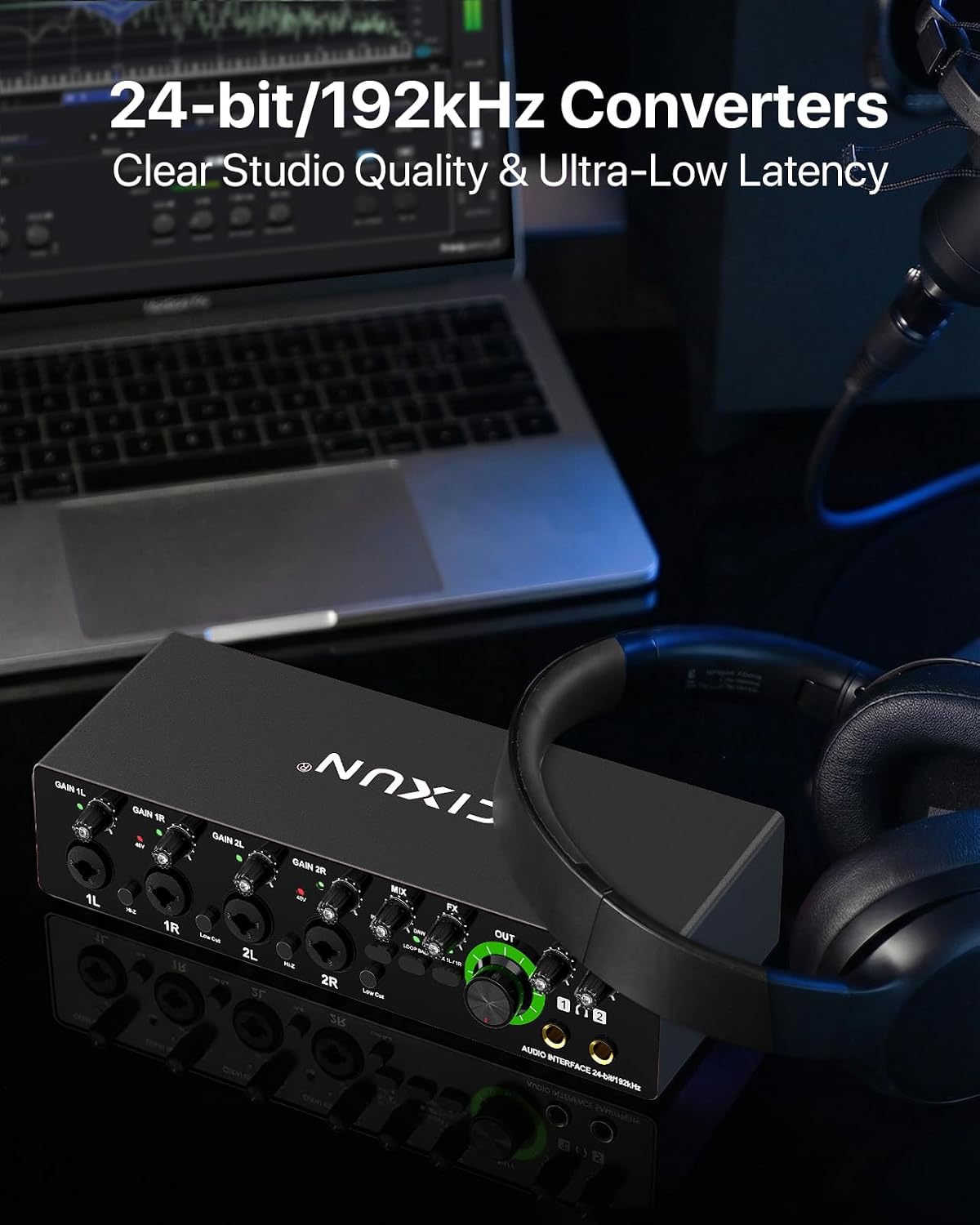 4x4 USB-C Audio Interface for PC & Mac - 24-bit/192kHz Studio Recording, 4 Combo Inputs (XLR/TRS), 4 TRS Outputs, 48V Phantom Power, FX Effects for Podcast/Streaming (Matte Black)