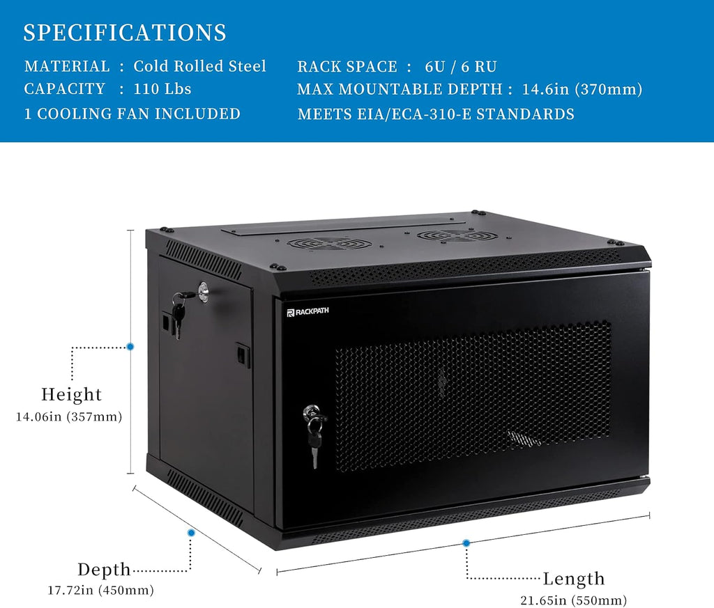 RackPath 6U Wall Mount Server Cabinet Network Rack Enclosure, Quiet Cooling Fan, Perforated Door, Black