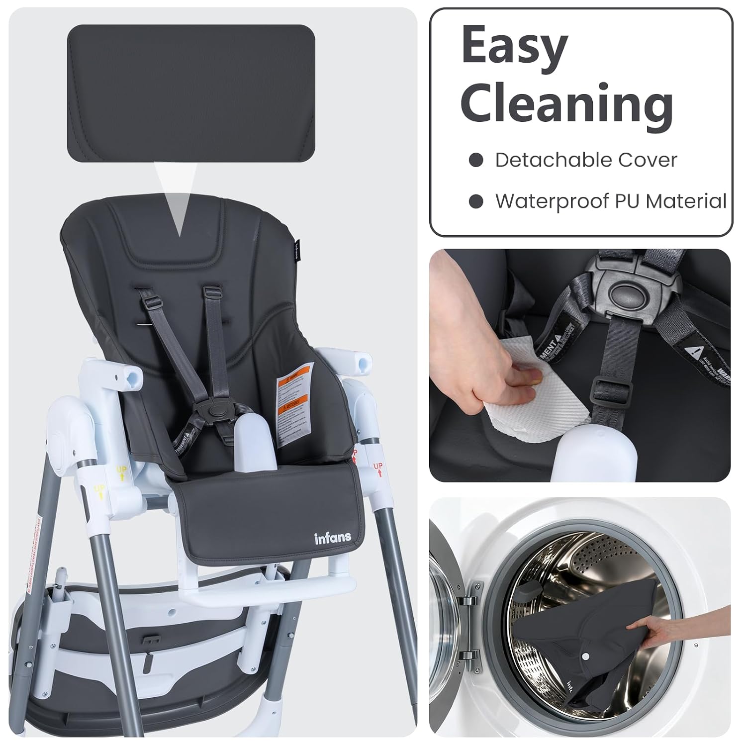 INFANS High Chair for Babies and Toddlers, Foldable Highchair with 7 Different Heights 4 Reclining Backrest Seat 3 Setting Footrest, Removable Tray Built-in Rear Wheels with Locks