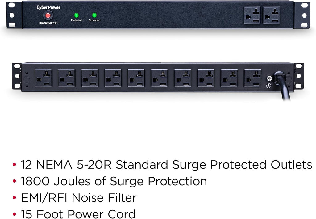 CyberPower RKBS20S2F10R Rackbar Surge Protector, 120V/20A, 12 Outlets, 15 Foot Power Cord, 1U Rackmount