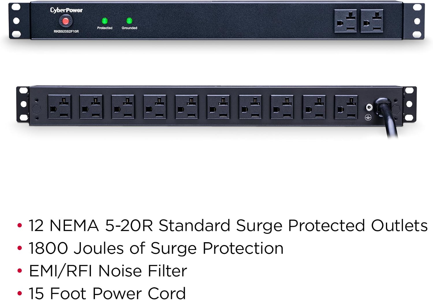 CyberPower RKBS20S2F10R Rackbar Surge Protector, 120V/20A, 12 Outlets, 15 Foot Power Cord, 1U Rackmount