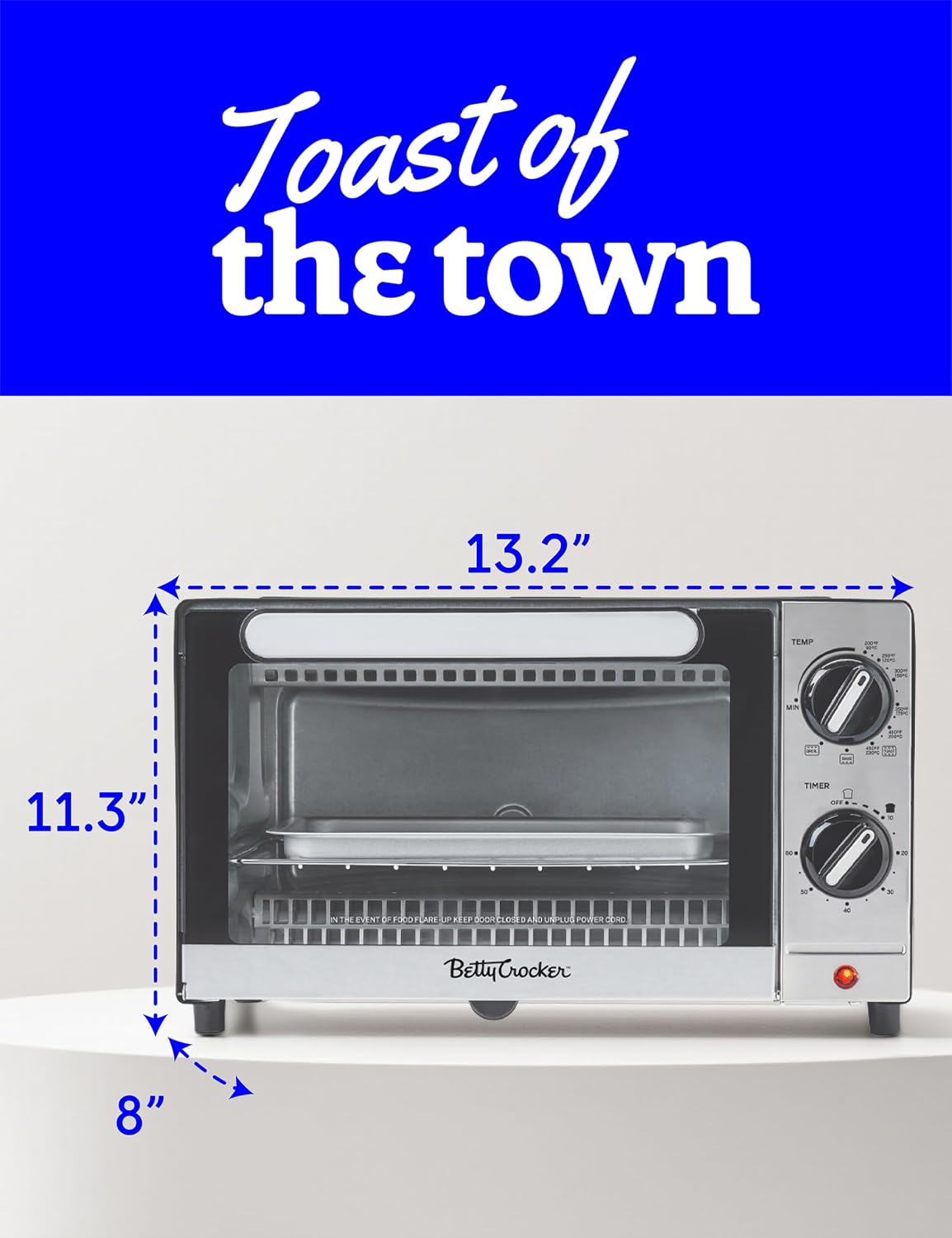 Betty Crocker 9L Toaster Oven, 2-Slice Toaster with Chrome Plated Front, Stainless Steel Handle, Bake, Broil & Toast Functions, Easy Control Dials, Includes Baking Pan & Rack, BC-5665B, Black/Silver