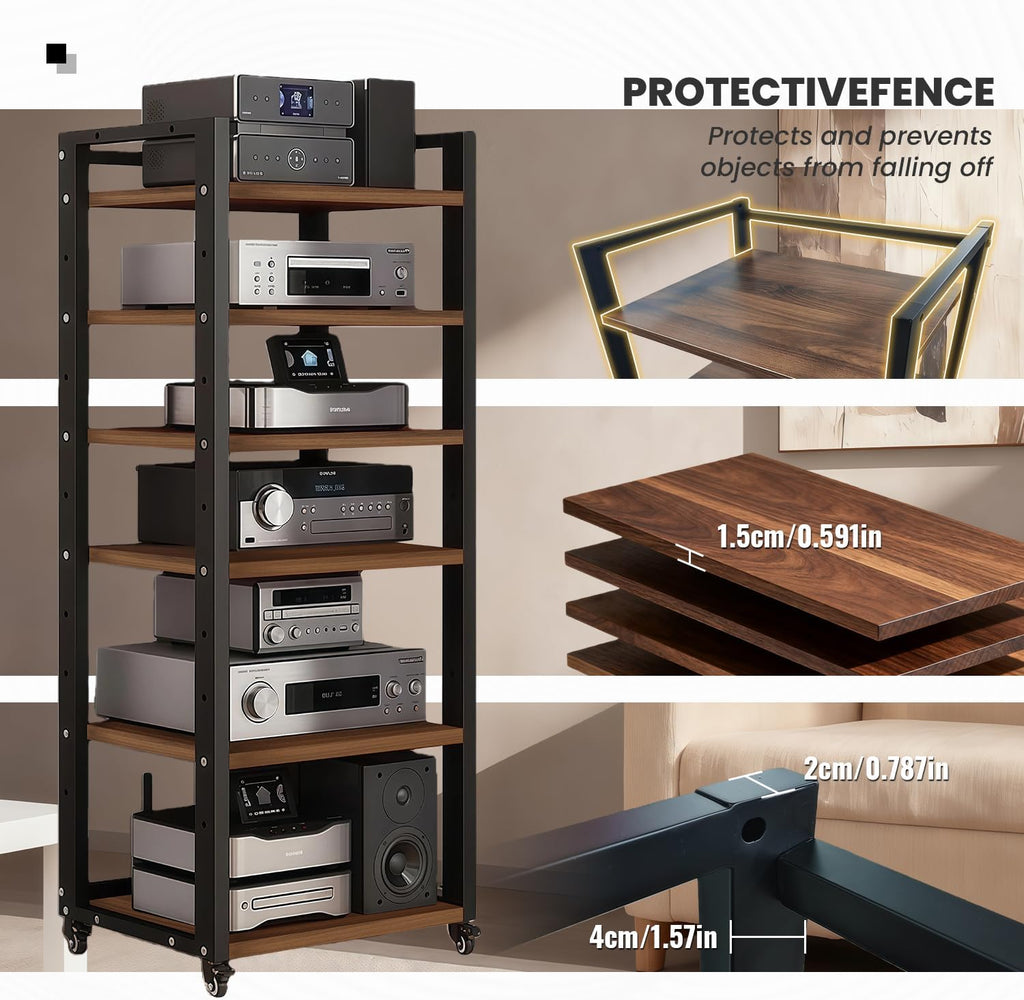 6-Tier AV Media Stand, Audio-Video Shelving with Wheels, Adjustable Media Console Cabinet, Modern Stereo Rack, Metal Media Shelf for Record Player, DVD, TV Box