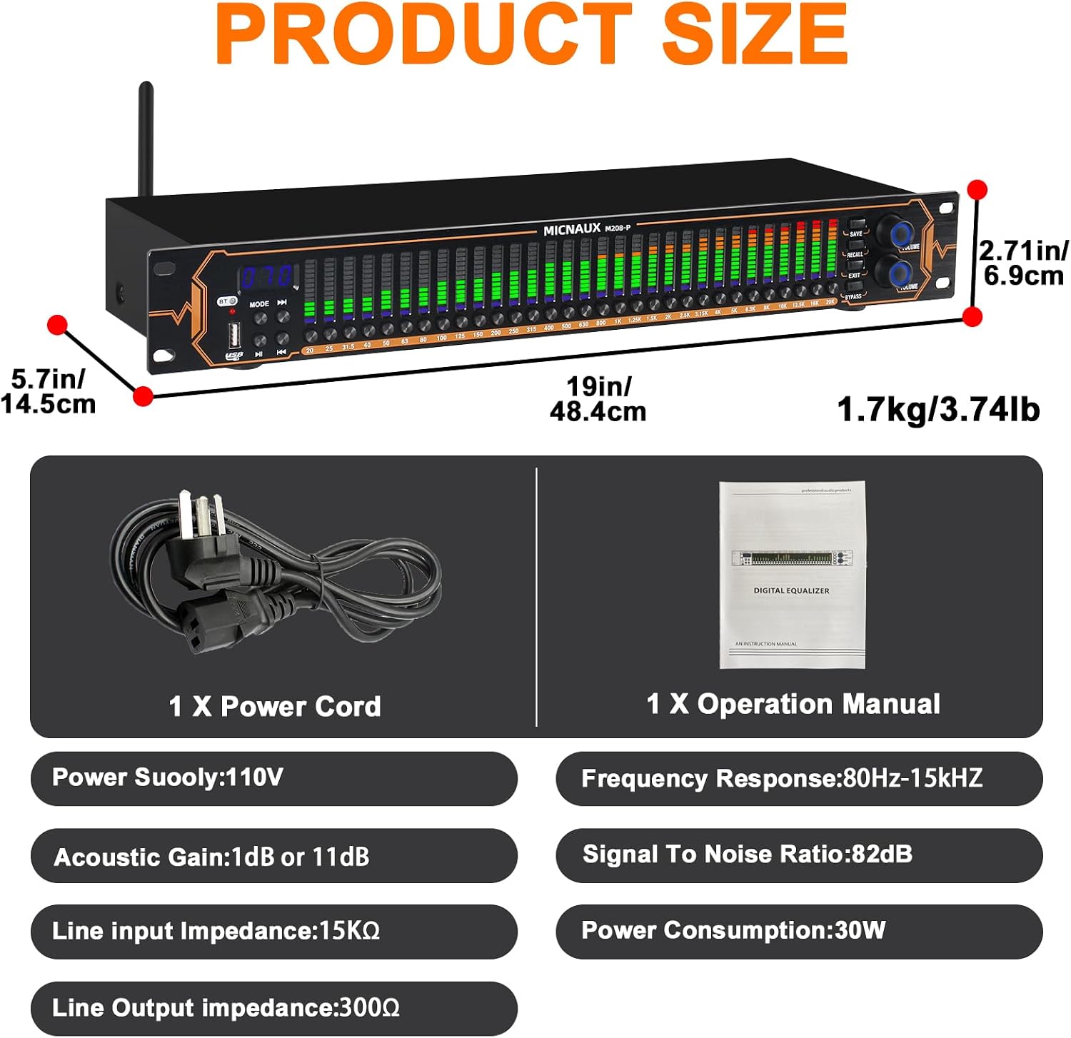 Equalizer for Home Stereo Audio System, Professional 31-Band Graphic Equalizer Rack Mount Music Digital EQ Studio Equalization with Spectrum Analyzer Display & Noise Reduction