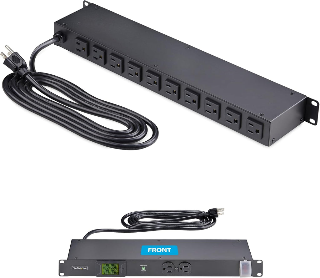 StarTech.com 12-Outlet Horizontal Rack Mount Metered PDU, 1U Server Power Strip w/Surge Protector, 8ft/2.4m Power Cable, TAA