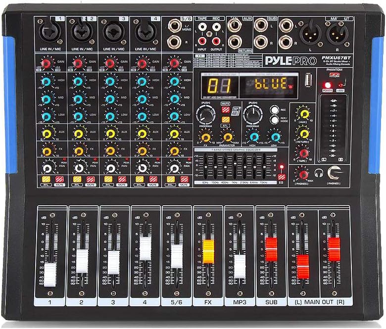 Pyle 6-Channel Console Style Audio Mixer with Bluetooth - DJ Sound Controller, 4 XLR / Combo Inputs, Sub Out, +48V Phantom, USB-A In, 16 DSP Effects, MP3 Player, 7-Band EQ - PMXU67BT