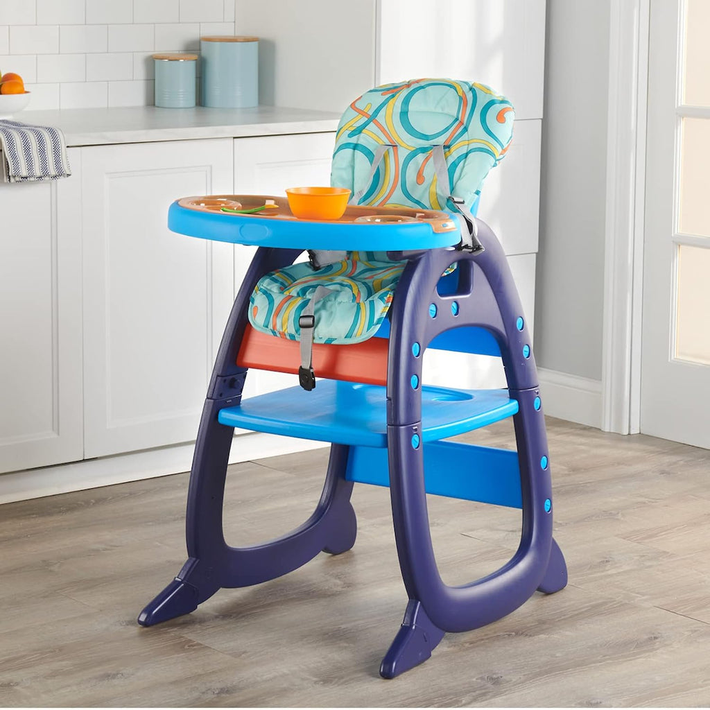 Badger Basket Envee II Convertible Baby High Chair with Infant Feeding Seat, Booster Seat, and Toddler Desk with Chair - Blue/Orange