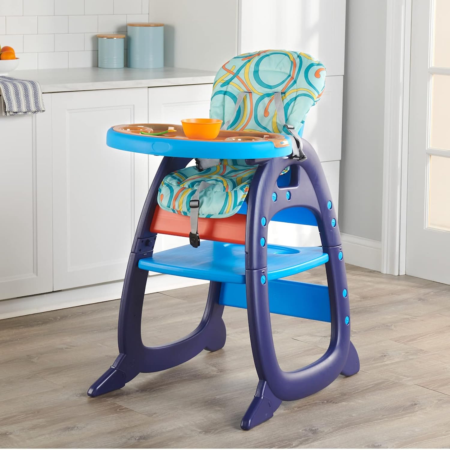 Badger Basket Envee II Convertible Baby High Chair with Infant Feeding Seat, Booster Seat, and Toddler Desk with Chair - Blue/Orange