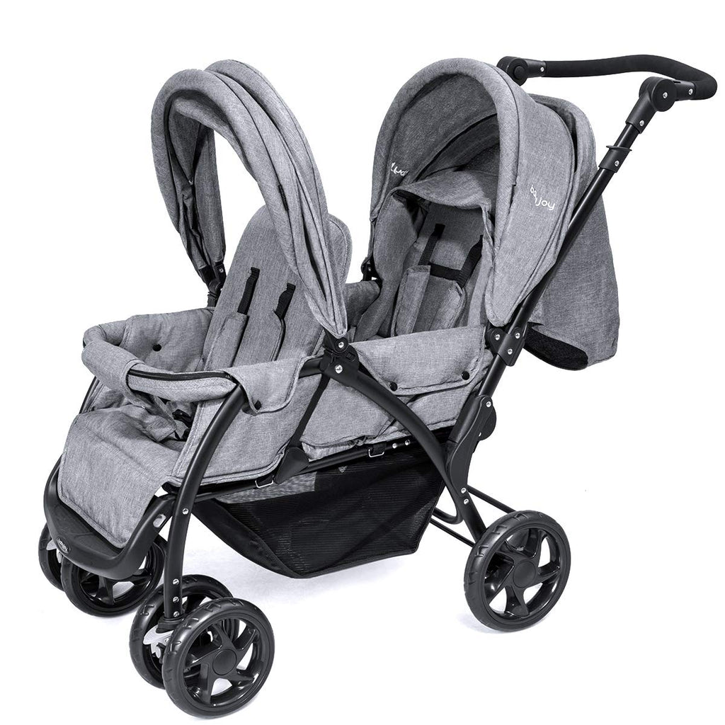 BABY JOY Double Stroller, Foldable Lightweight Twin Stroller with Tandem Seating, Adjustable Backrest/Canopy/Footrest, 5-Point Harness, Storage Basket, Newborn and Toddler (Gray)
