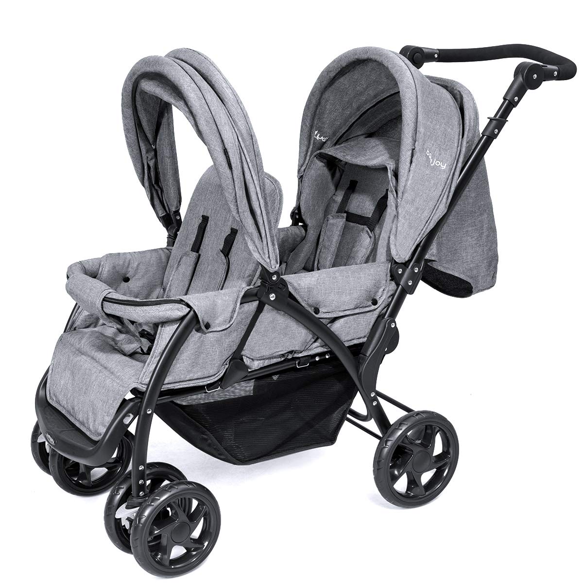 BABY JOY Double Stroller, Foldable Lightweight Twin Stroller with Tandem Seating, Adjustable Backrest/Canopy/Footrest, 5-Point Harness, Storage Basket, Newborn and Toddler (Gray)