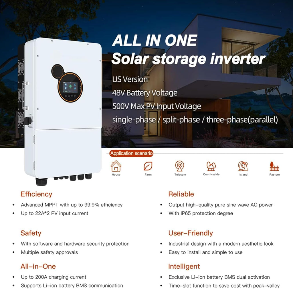 10KW Home Solar Power System with 10KWH 51.2V 206AH LiFePO4 Battery + 48V 10KW Hybrid Inverter - Backup Power for House, Camping, RV | Ground Mountable