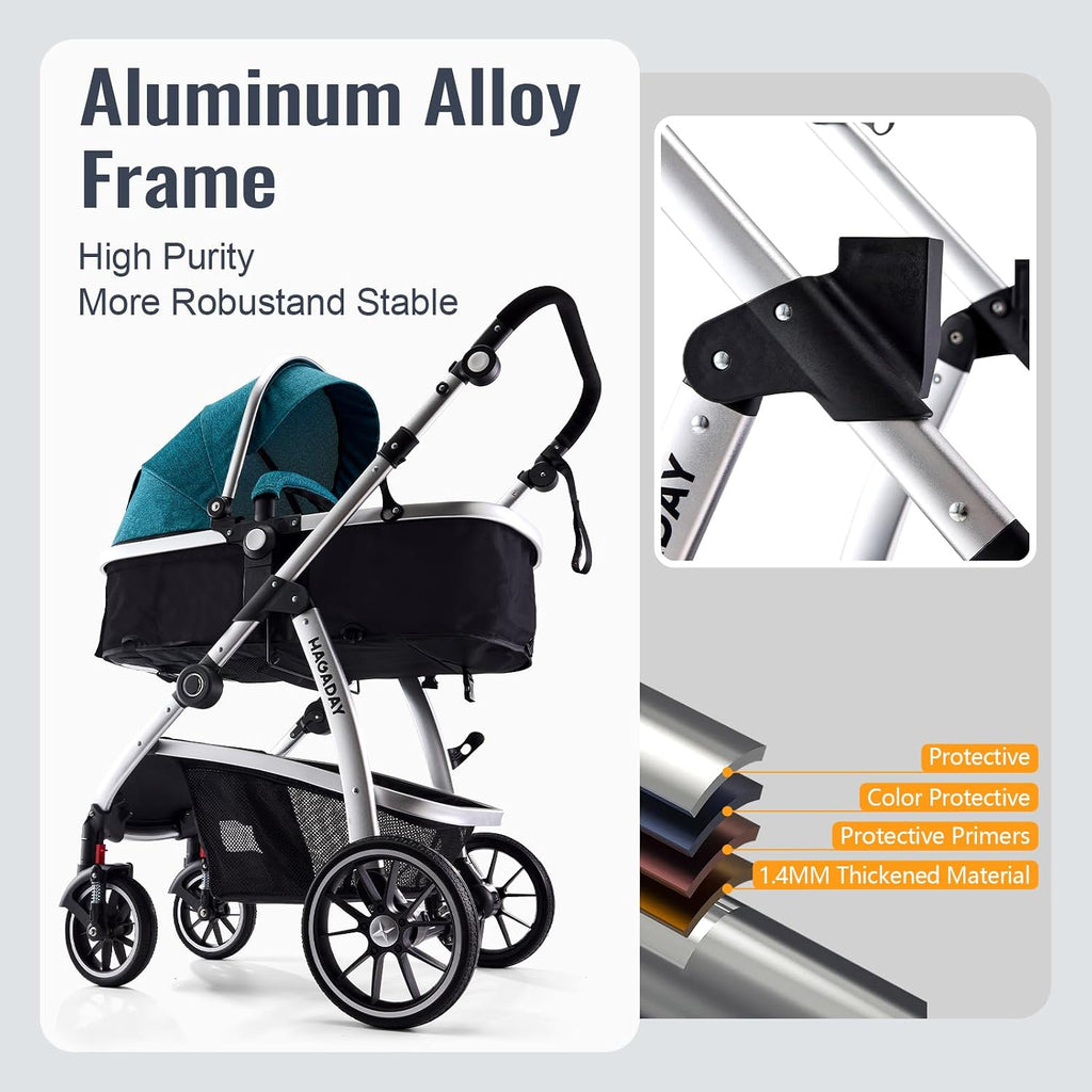 Hagaday Baby Stroller, 2-in-1 Reversible Toddler Seat with Bassinet Mode, Foldable Infant Stroller with Canopy, One Button Brake, Adjustable Handle, Newborn Pushchair(Blue)